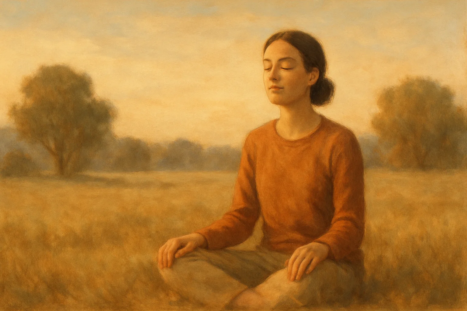 Pessoa sentada em campo aberto sob céu claro, expressão de paz interior, símbolo de descobrir como vencer ansiedade