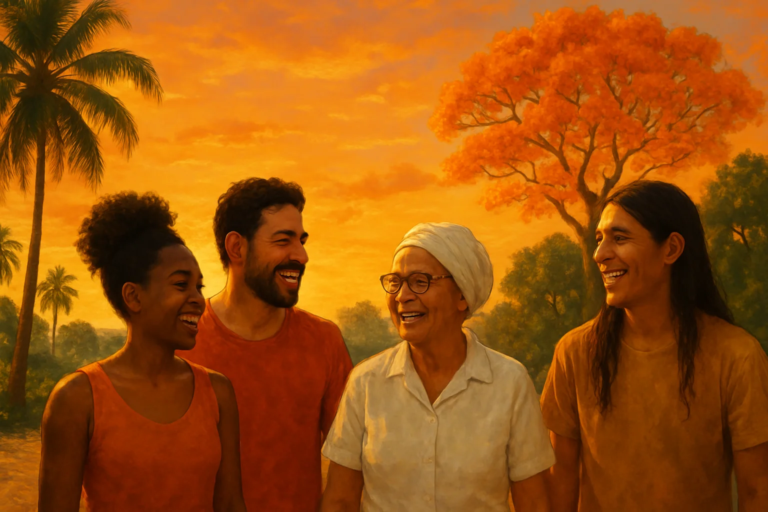 Paisagem brasileira ao pôr do sol com pessoas sorrindo, árvores típicas e diversidade cultural, transmitindo bem-estar e harmonia social no Brasil.