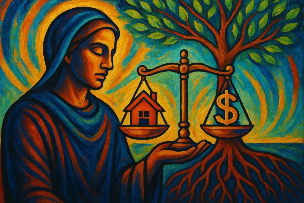 Cena de pessoa segurando balança com símbolos de casa e dinheiro, árvore ao fundo, relacionada a comprar casa bíblia.