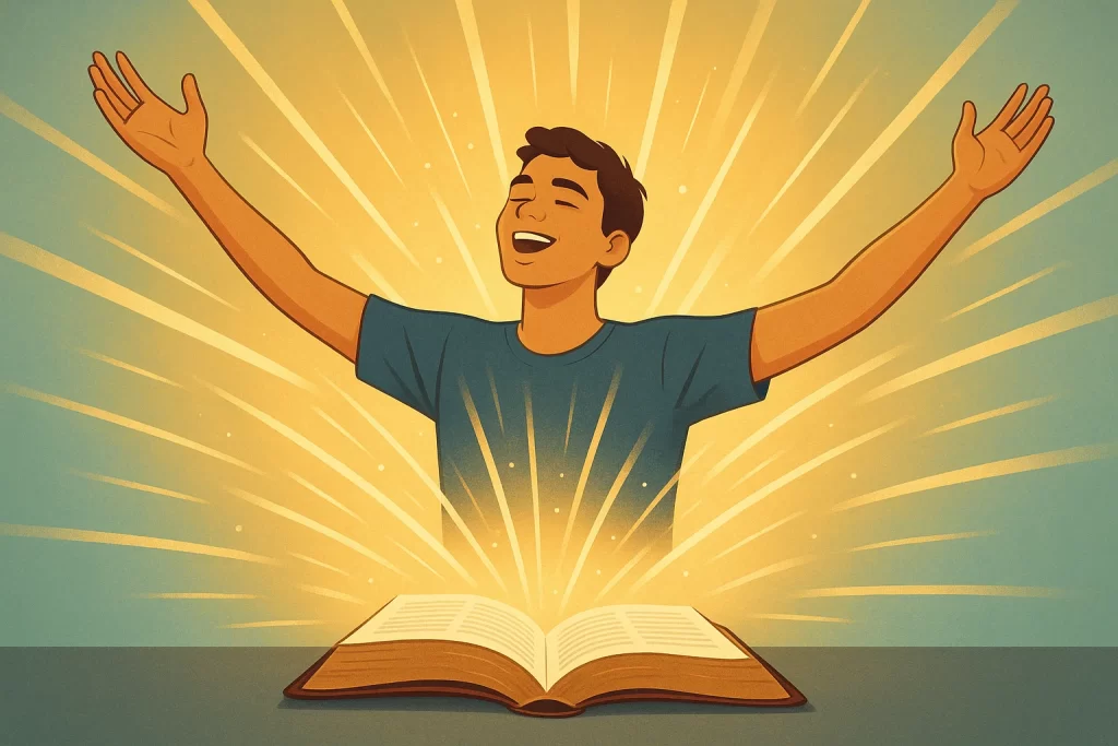 Cena de jovem com braços erguidos diante de uma Bíblia aberta, raios de luz simbolizando vitória sobre pornografia Deus