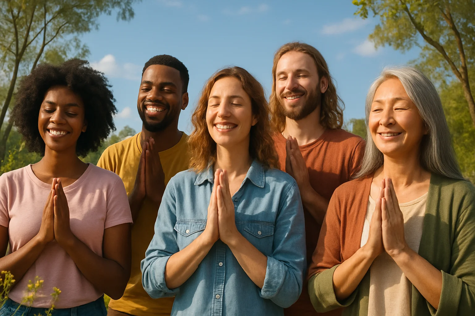 Grupo de pessoas reunidas ao ar livre com rostos felizes, mãos levantadas em oração, céu claro e elementos naturais, transmitindo como ser feliz Deus