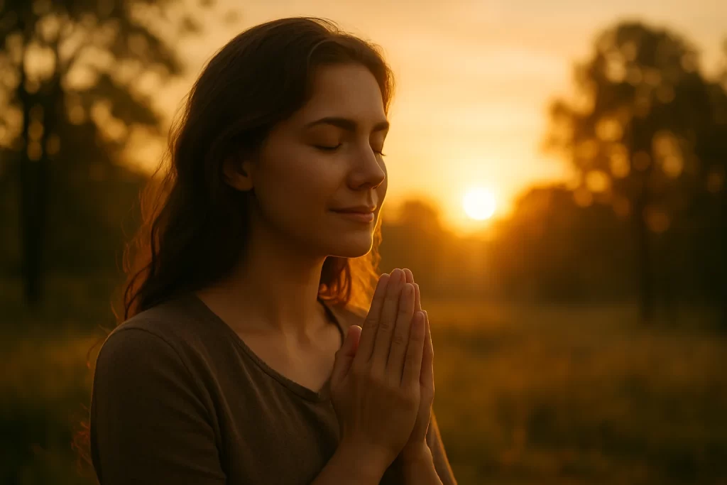 Imagem de capa horizontal com alguém em oração ao nascer do sol, simbolizando como viver pela fé em ambiente natural com luz suave
