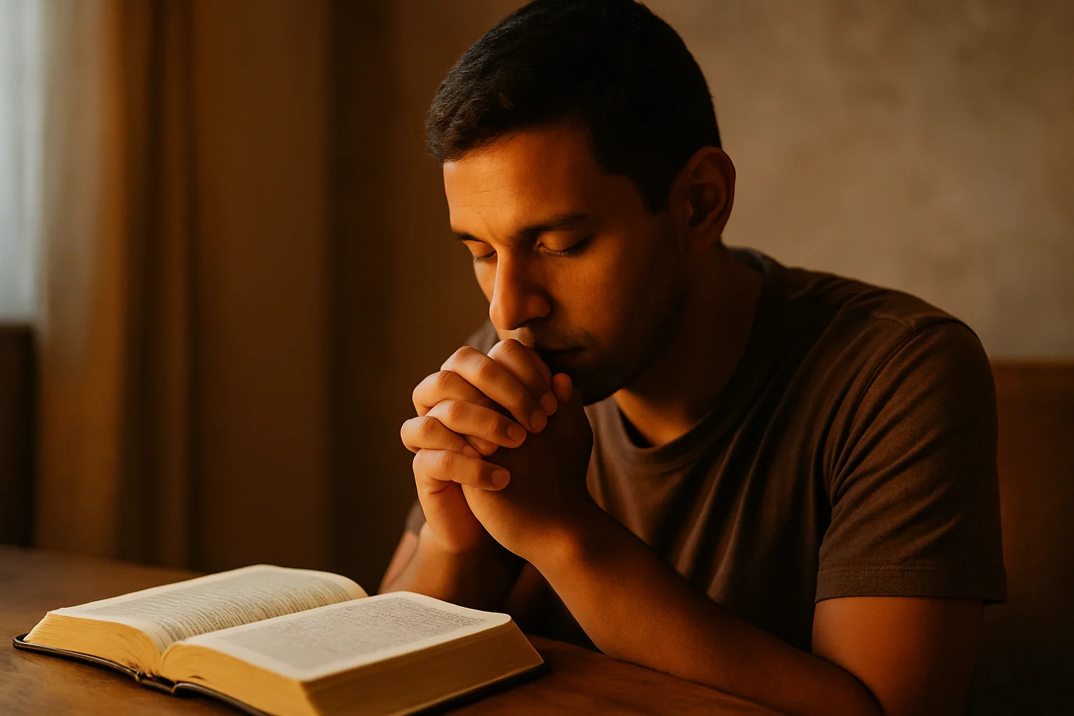 Cena horizontal de 1536x1024 mostrando um cristão em oração com Bíblia aberta, luz suave e cores quentes, símbolo de como vencer tentação guia.