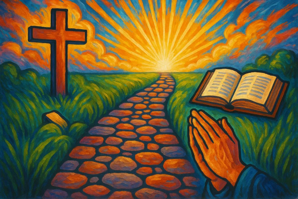 Ilustração vibrante de um caminho de pedras com cruz, Bíblia e mãos em oração, representando como ser santo dias