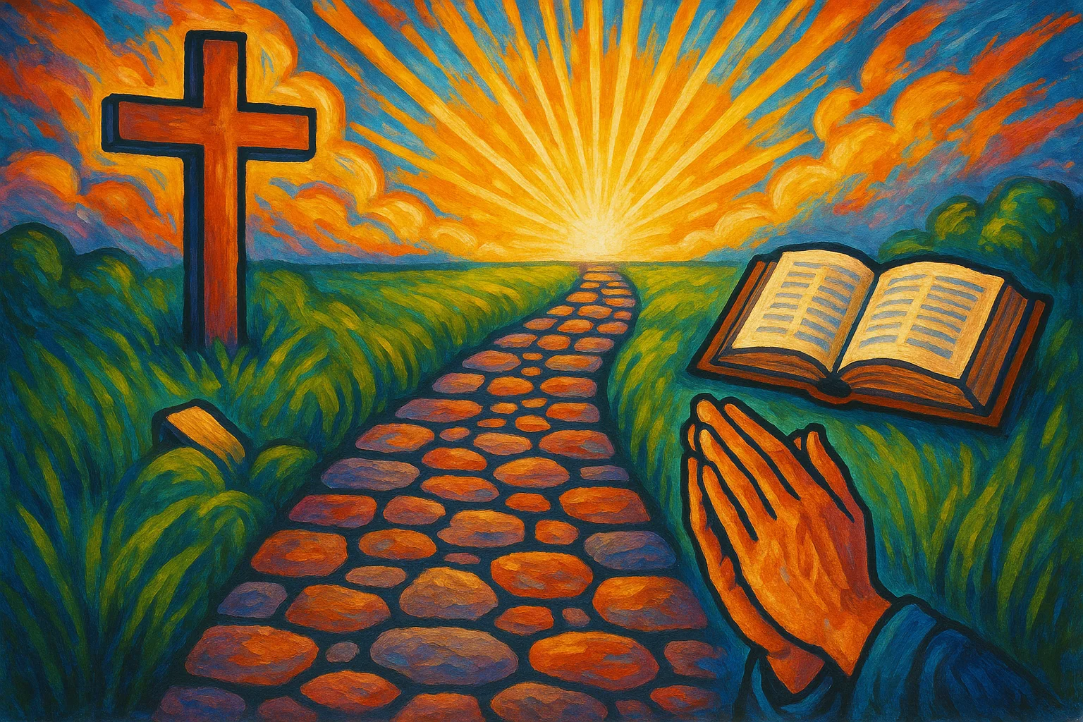 Ilustração vibrante de um caminho de pedras com cruz, Bíblia e mãos em oração, representando como ser santo dias