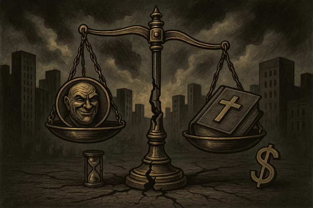 Imagem de rascunho automático de uma balança quebrada com ícones de corrupção, relativismo e abandono da Palavra em cenário urbano