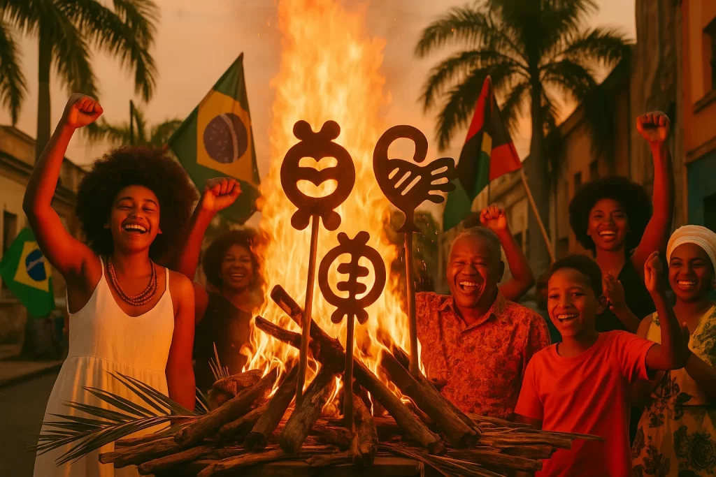 Cena de rua brasileira com fogueira, pessoas negras celebrando o dia consciência negra é, gestos de resistência e cultura