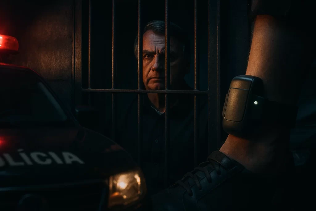 Cena de prisão com porta de grades, Bolsonaro visível e tornozeleira eletrônica, ambiente policial dramático