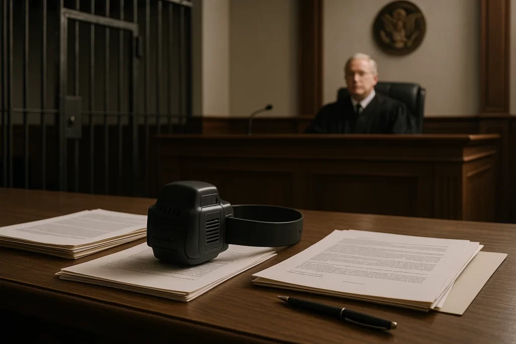 Imagem de uma sala de tribunal com juiz, cela fechada e tornozeleira eletrônica, destacando prisão Bolsonaro que não