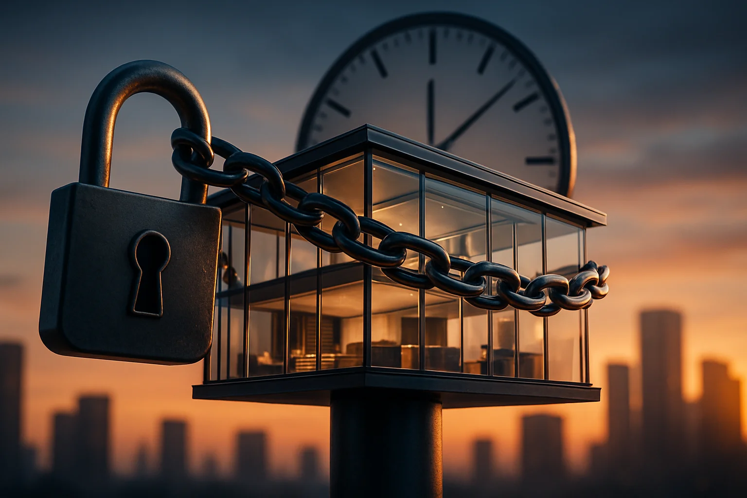 Cena de casa de vidro flutuante com cadeado e relógio, simbolizando a rearp lei 15 265, valor do imóvel e trava temporal