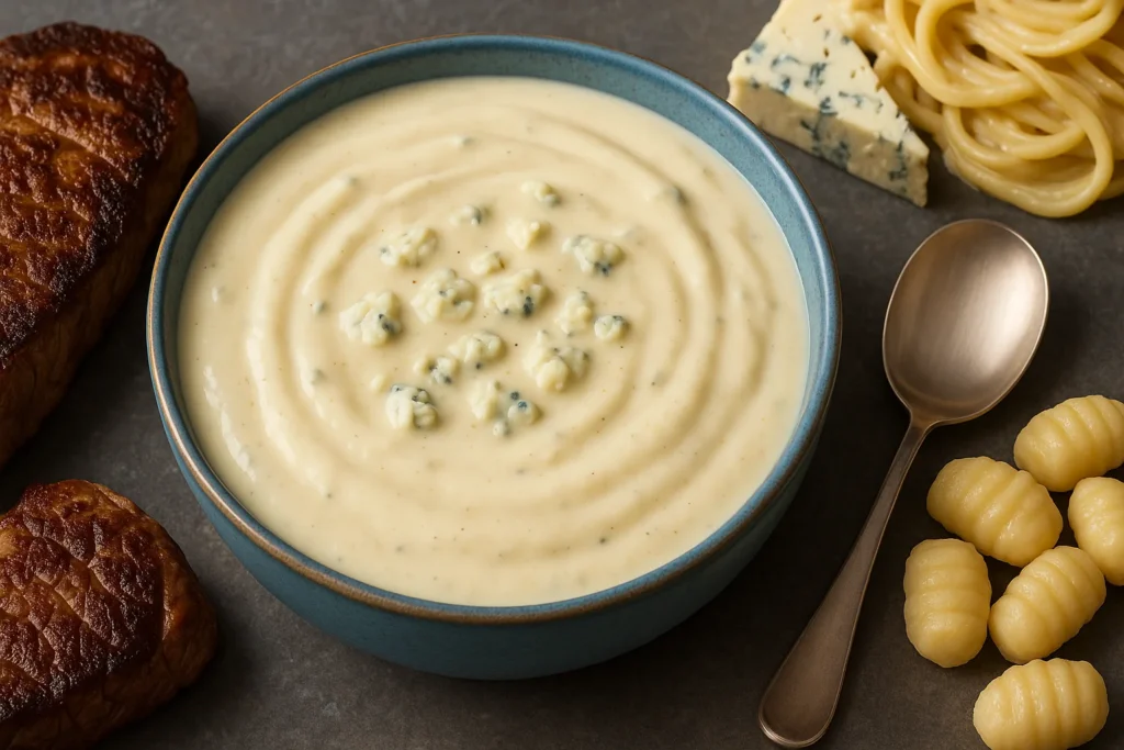Imagem de capa horizontal 16:9 mostrando molho cremoso gorgonzola fácil e rápido para carnes, massas e gnocchi.