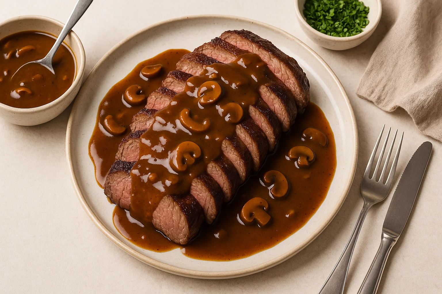 Imagem de capa horizontal 16:9 representando molho madeira receita fácil sobre carnes.