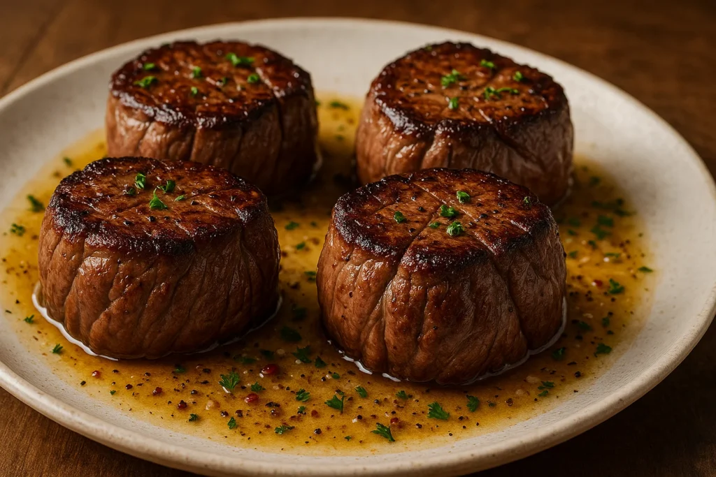 Imagem horizontal de filé mignon medalhões perfeitos e suculentos, estilo restaurante, sem textos escritos.