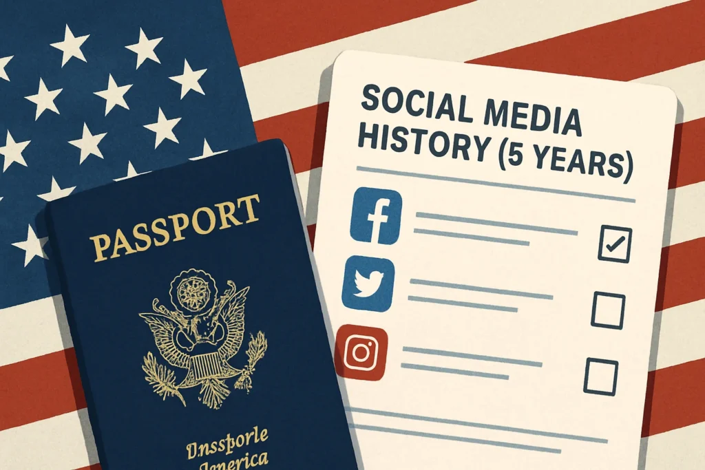 Capa horizontal 16:9 representando a proposta dos EUA de exigir histórico de redes sociais de turistas do ESTA, sem textos escritos.