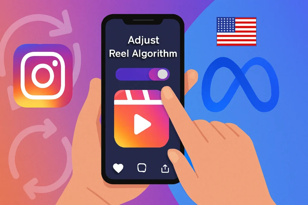 Imagem de capa horizontal 16:9 representando a liberação da ferramenta do Instagram nos EUA para ajustar o algoritmo do Reels, com elementos visuais relevantes ao tema de controle e ajustes.