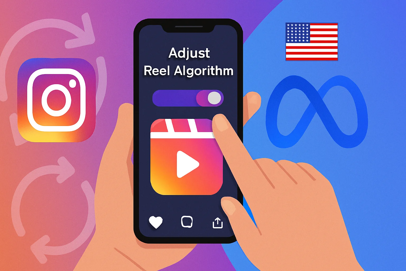 Imagem de capa horizontal 16:9 representando a liberação da ferramenta do Instagram nos EUA para ajustar o algoritmo do Reels, com elementos visuais relevantes ao tema de controle e ajustes.