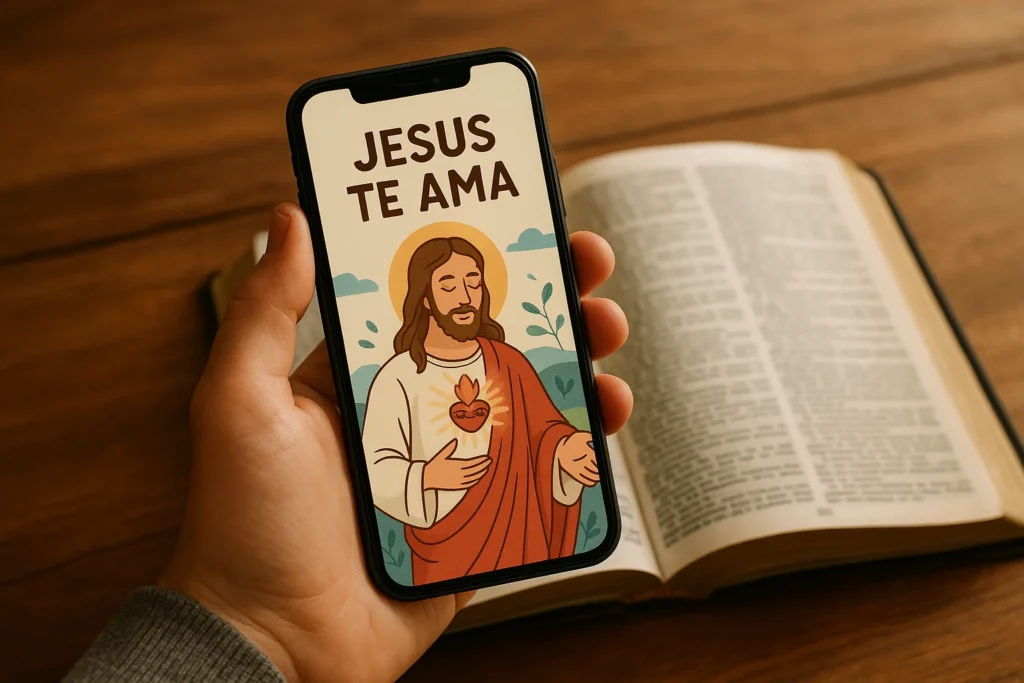 Imagem de capa mostrando mão segurando smartphone com arte bíblica, fundo de mesa de madeira e Bíblia aberta