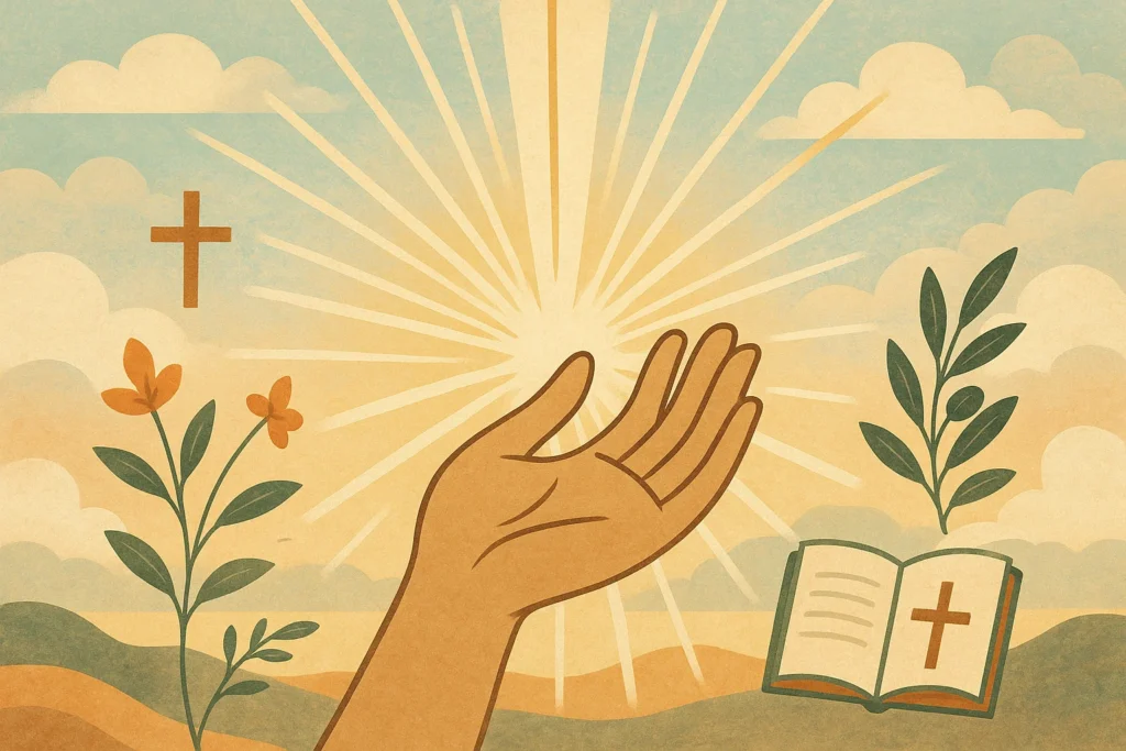 Cena de mão aberta com raios de luz, cruzes e versículos, transmitindo fé e bênçãos de imagem de bom dia evangélica