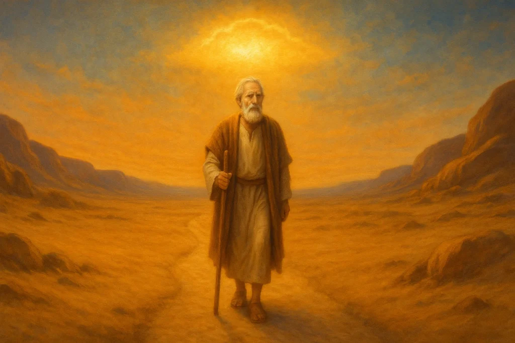 Homem idoso bíblico caminhando no deserto ao entardecer, símbolo da amizade com Deus e fé, com luz divina acima.