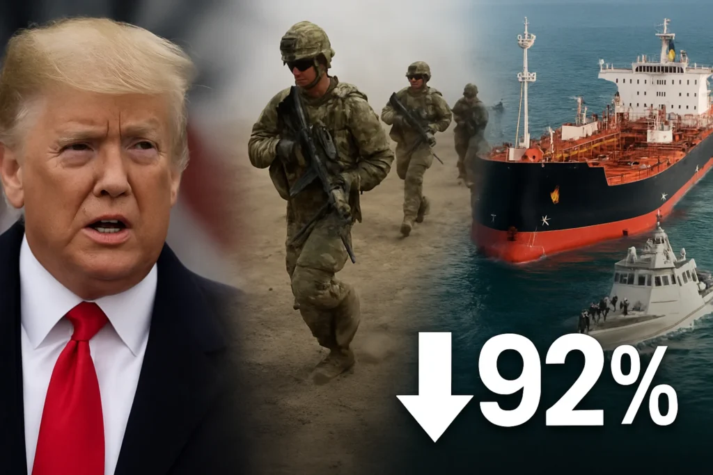 Imagem de capa horizontal 16:9 representando Trump afirma que EUA iniciarão ataques por terra em breve, apreensão de petroleiro e redução no tráfico