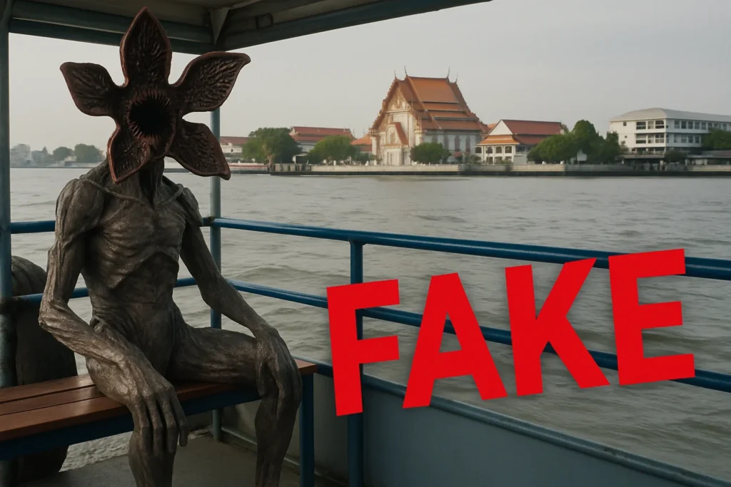 Imagem de capa horizontal 16:9 representando o vídeo viral com Demogorgon em balsa na Tailândia, desmascarado como #FAKE pelos checadores.