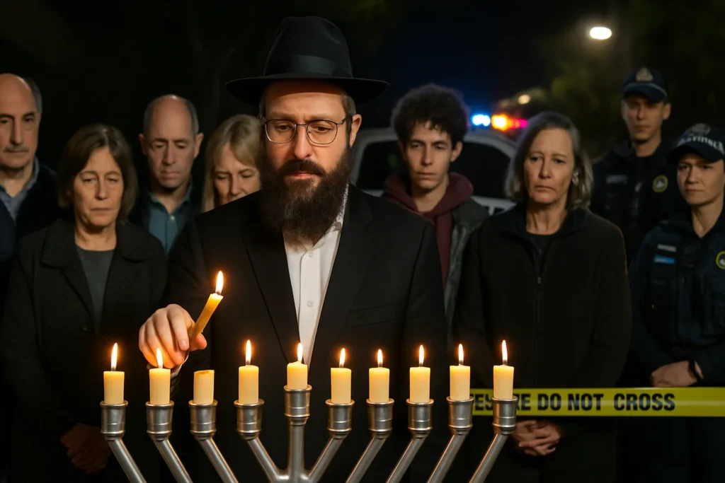 Imagem do rabino Eli Schlanger entre as 11 vítimas do ataque em Bondi durante Hanukkah, representando a tragédia e a investigação.