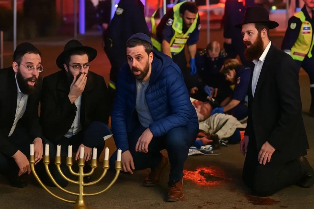 Imagem representando o ataque antissemitista bondi sydney, com elementos simbólicos do Hanukkah e contexto de solidariedade