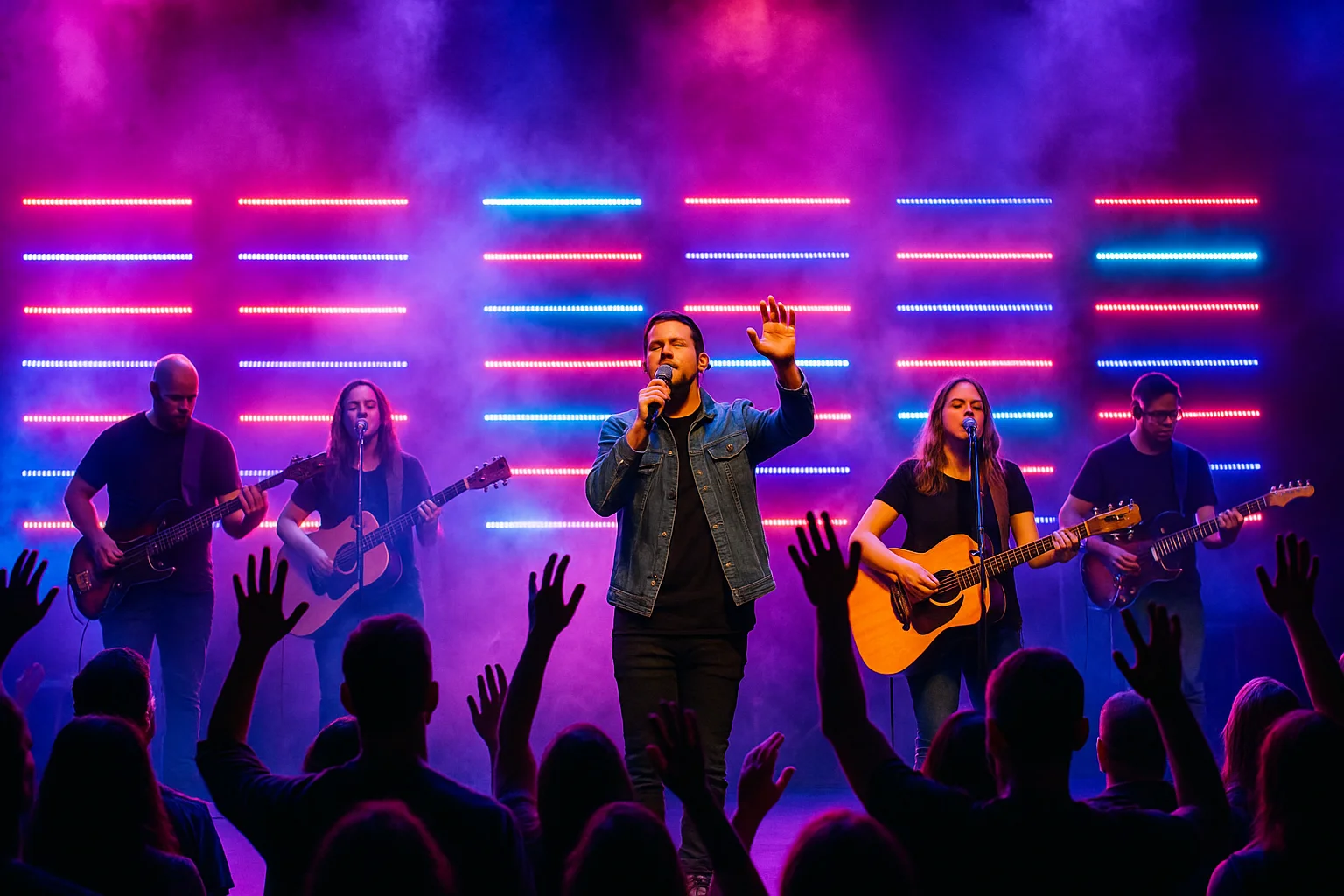 Capa de culto evangelico com luzes LED, fumaça, músicos com monitores e adoração, destacando bastidores worship como multitracks