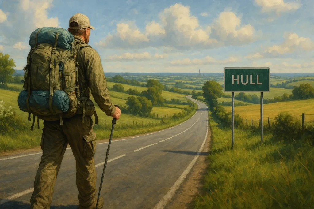 Capa representando a jornada de dar volta ao mundo a pé, com Karl Bushby se aproximando de Hull na reta final de sua expedição.