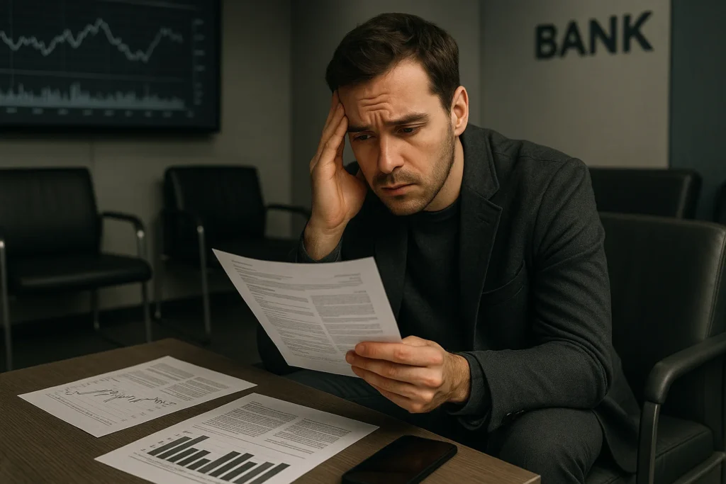 Paciente com documentos financeiros e expressão de preocupação na sala de espera, cenário financeiro ao fundo