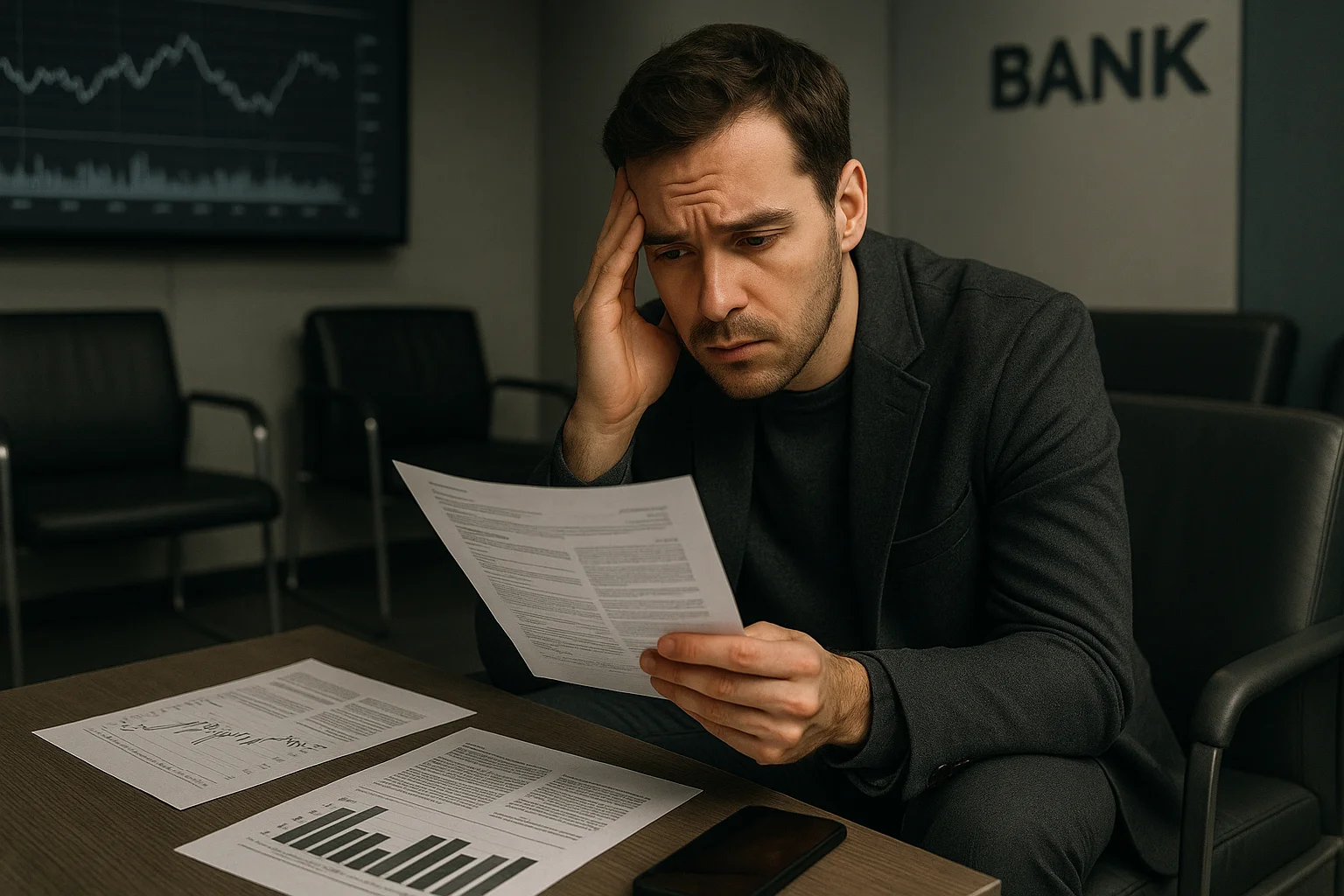 Paciente com documentos financeiros e expressão de preocupação na sala de espera, cenário financeiro ao fundo