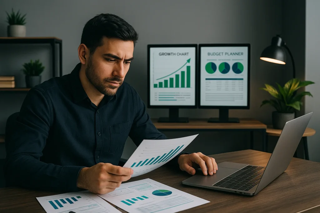 Imagem de uma pessoa analisando documentos financeiros em um escritório doméstico, focada em ganhar dinheiro em 2026