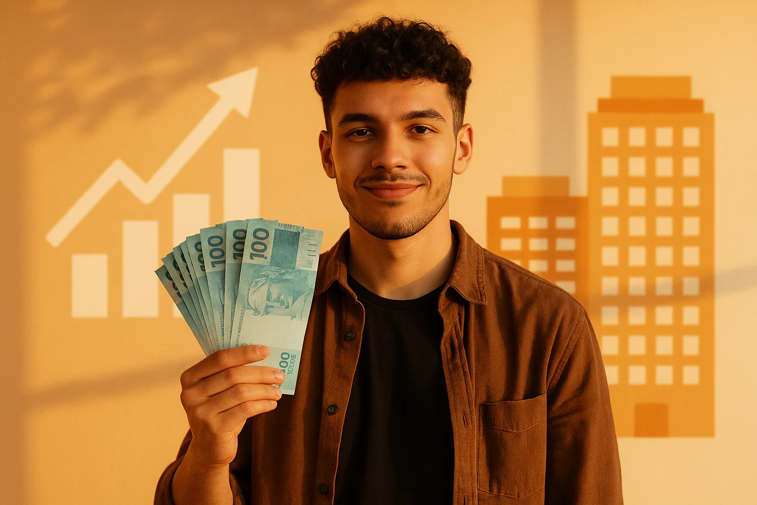 Pessoa jovem confiante segurando cédulas de R$ 100 com gráficos de crescimento financeiro ao fundo, sugerindo melhores investimentos para ficar rico