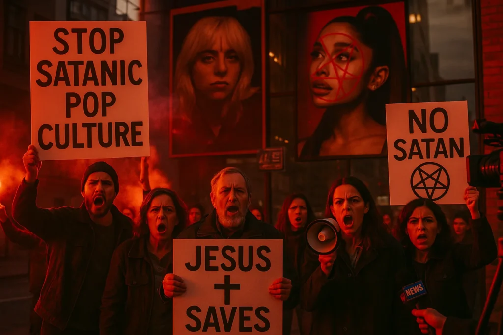 Protesto com imagens de Billie Eilish e Ariana Grande em posters, cenário urbano, cores dramáticas e expressões de indignação